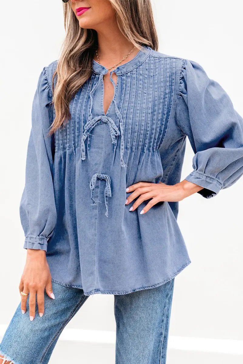 Myosotis Denim Front Pintuck Bow Tie Puff Sleeve Top - Love Salve